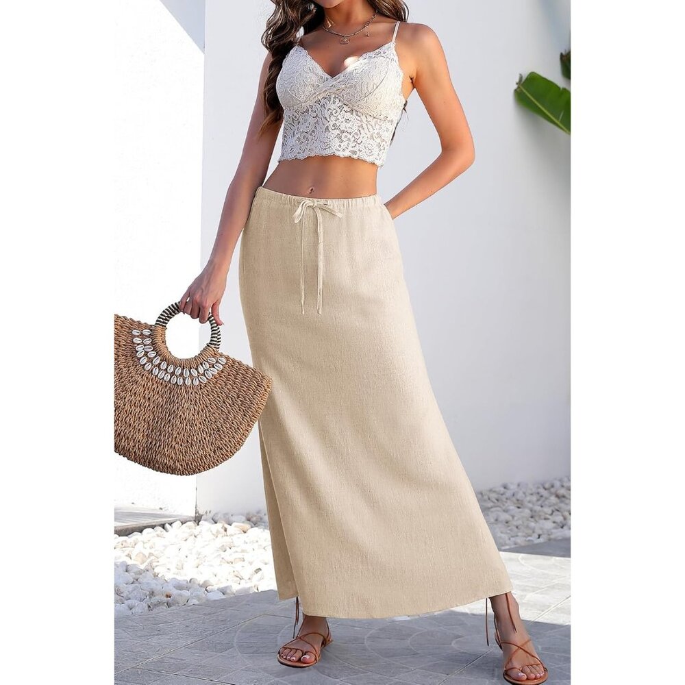 Women's Beige Linen Back Slit Elastic Drawstring Flowy Ankle-Length Maxi Skirt - Picture 6 of 6